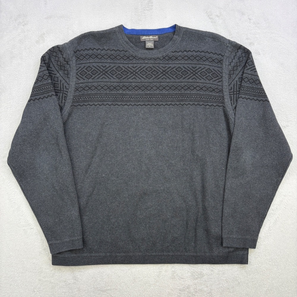 Eddie Bauer Sweater Mens XL Gray Fair Isle Geometric Knit Pullover Cotton Casual - Picture 2 of 10